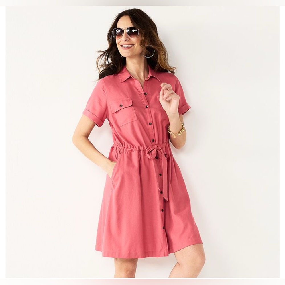 Short Button-Front Pink Shirt Dress with Tie Waist Size Large